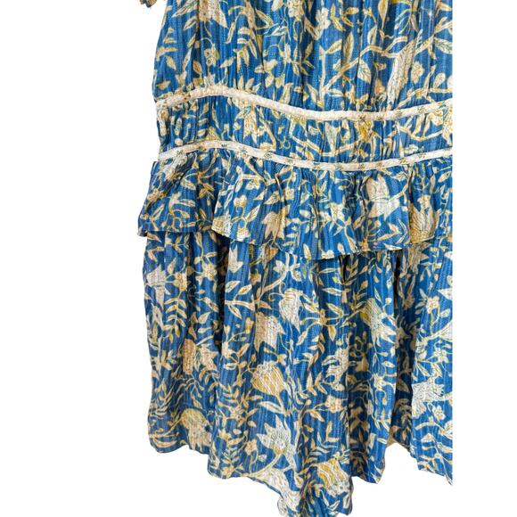 ULLA JOHNSON Endah Playsuit Blue & Yellow Lanai Size 10 Ruffles Frills Floral - Picture 5 of 11